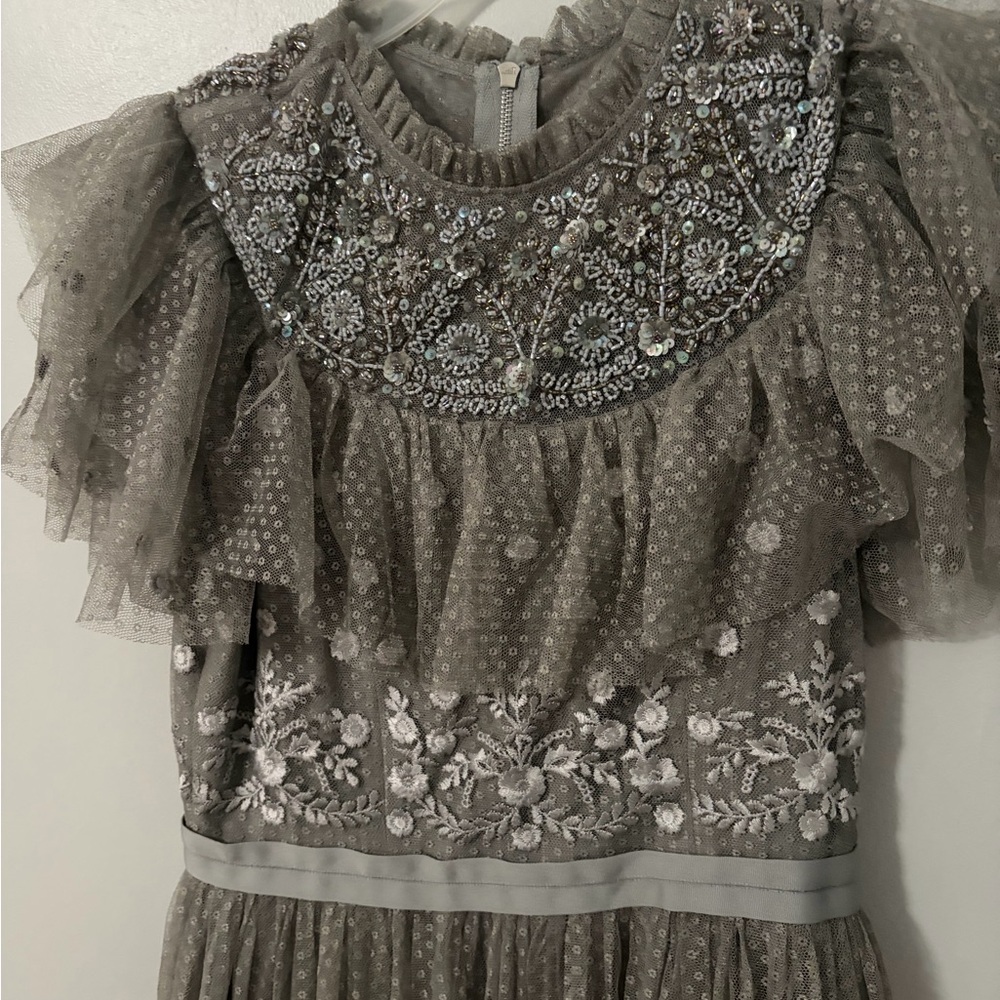 Needle & Thread Gray Embellished Ruffle Tulle Maxi Dress